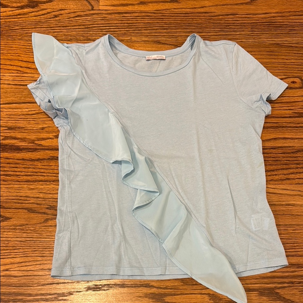 Zara woman’s Light Blue Ruffle Sleeve Top Tee Shirts Sz S